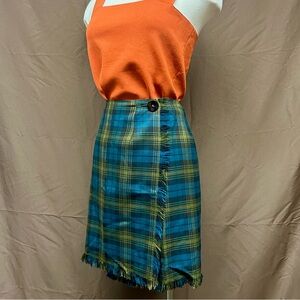 Blue and green plaid skirt with frayed hem